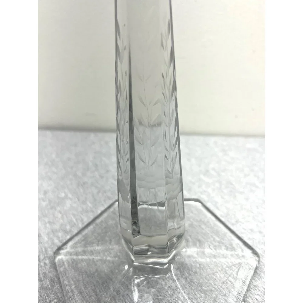 Vintage Clear Etched Glass Octagonal Base Candle Holders Set Of 2 Elegant Design